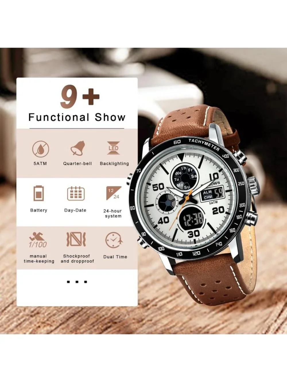 Men's Brown Analog Leather Waterproof Military Multifunctional LED Digital Watch
